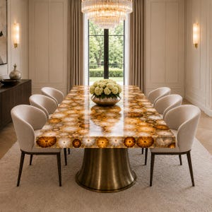 Backlit Honey Agate Dining Table, Golden Gemstone Table Top, Luxury Rectangular Stone Dining Table, Handmade Crystal Dining Room Furniture
