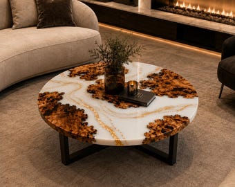 Round White Epoxy Coffee Table, Burl Wood Resin Table, Gold Vein Center Table, Handmade Luxury Living Room Furniture