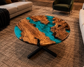 Round Turquoise Epoxy Coffee Table, Burl Wood Resin River Table, Handmade Modern Center Table, Luxury Living Room Furniture