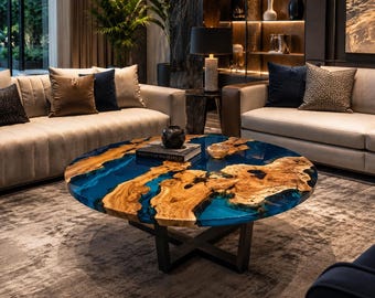 Round Blue Resin Coffee Table, Burl Wood Epoxy Center Table, Handmade Luxury Living Room Table, Modern Statement Furniture