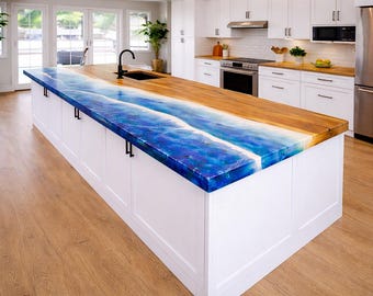 Ocean Wave Epoxy Kücheninsel, Live Edge Holz Arbeitsplatte, handgefertigte Harz Küchentheke, Küstenluxus Insel Top