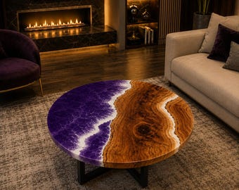 Round Purple Epoxy Coffee Table, Burl Wood Resin River Table, Handmade Luxury Center Table, Modern Living Room Furniture