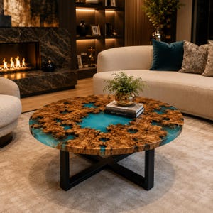 May include: A round coffee table featuring a natural wood burl slab with intricate, organic edges filled with vibrant turquoise resin. The tabletop is supported by a black metal base with crossed legs, creating a stable foundation for the piece.