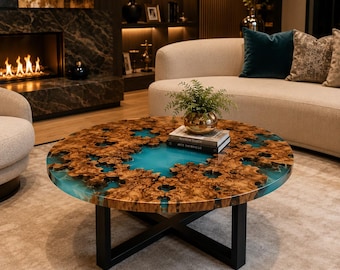 Round Turquoise Resin Coffee Table, Burl Wood Epoxy Center Table, Handmade Luxury Living Room Furniture, Modern Statement Table