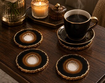 Black Agate Coaster Set with Gold Edge, Luxury Natural Stone Drink Coasters, Handmade Crystal Coffee Table Decor, Housewarming Gift