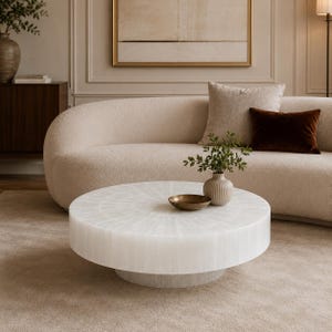 May include: A round, low-profile coffee table crafted from white, translucent stone with a radial, sunburst-like texture on its surface. The table features a cylindrical base and a smooth, flat top, presenting a solid, monolithic appearance.