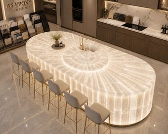 Oval Hintergrundbeleuchtete Selenit Kücheninsel, Luxus Glühende Stein Bar Theke, Handgemachte Weiße Kristall Arbeitsplatte Platte für Modernes Interieur