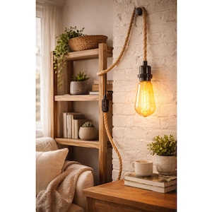 May include: A rustic wall-mounted light fixture with a rope cord and a vintage-style Edison bulb. The warm glow of the bulb contrasts with the white brick wall. A wooden bookshelf and side table are also visible, creating a cozy atmosphere.