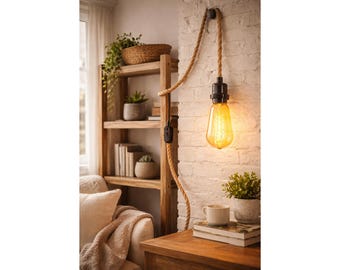 15FT Hemp Rope Pendant Light Cord, Farmhouse Plug-in Fixture with Switch, E26/E27 Socket