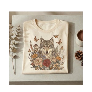 Floral Wolf Illustration Tee | Wolf Floral Background T-Shirt