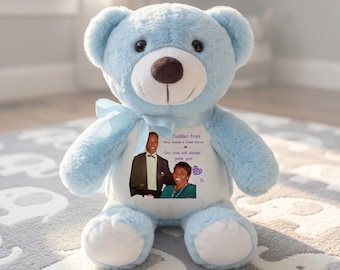 Personalized Stuffed Bear with Photo, Custom Print Teddy Bear, Memorial Keepsake Gift, Baby Shower Present, Cuddly Photo Plushie