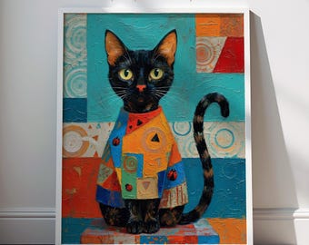 Stampa di gatto nero colorato – Maglione patchwork arte popolare (Download digitale)