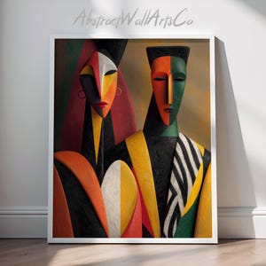 May include: Abstract wall art print featuring two stylized figures with geometric faces. The artwork uses a palette of red, yellow, black, and green. The figures are set against a neutral background, framed in a white border. The text "AbstractWallArtsCo" is at the top.