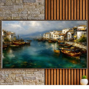 Küstenhafen mit Booten,Mittelmeerdorf,Küstenlandschaft, 16:9 Frame TV Art