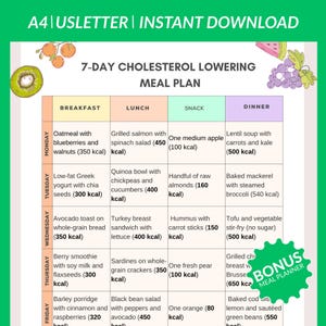 Op de afbeelding: Een kleurrijk 7-daags cholesterol verlagend maaltijdplan. Het plan bevat opties voor ontbijt, lunch, snack en diner voor elke dag van de week. Het aantal calorieën voor elke maaltijd is opgenomen. De bovenkant van de afbeelding zegt "A4 USLETTER | INSTANT DOWNLOAD".