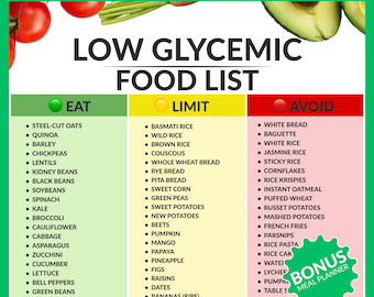 Low Glycemic Food List - Glucose Support Guide - Insulin Resistance Nutrition Chart - PDF A4 & US Letter Sizes + FREE Weekly Meal Planner