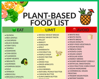 Plant Based Food List Printable | WFPB Grocery Guide | Whole Food Plant Based Diet | Vegan Nutrition Chart | Instant PDF Download