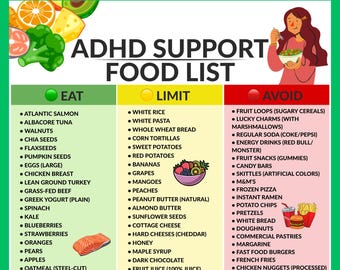 ADHD Food List Printable | Focus & Brain Health Diet | ADHD Friendly Nutrition Chart | Dopamine Support Foods | Instant PDF Download