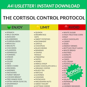 Lista de alimentos para desintoxicar el cortisol - Guía dietética para la fatiga suprarrenal - Tabla nutricional para el manejo del estrés - Guía rápida para el equilibrio hormonal - PDF en formato A4 y Carta estadounidense