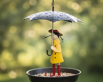Umbrella Girl Bird Feeder Hanging Metal Garden Decor, Outdoor Bird Bath Feeder Tray, Whimsical Patio Yard Hanging Ornament for Birds