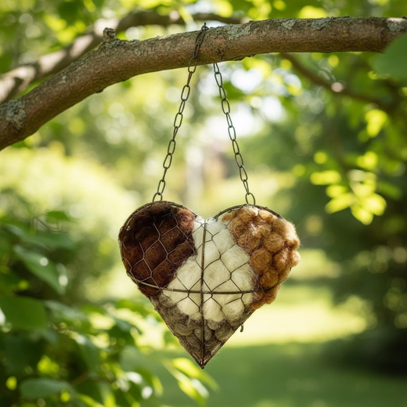 May include: A heart-shaped hanging planter made of wire and textured, multi-colored fibers. The planter is suspended from a chain and hangs from a tree branch. The colors include brown, tan, white, and gray.