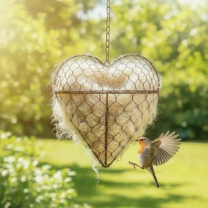 May include: A heart-shaped hanging planter made of wire mesh, filled with natural fibers. A small bird with orange breast feathers is in flight near the planter, with its wings spread. The background is a blurred green garden.