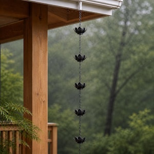 Puede incluir: Una cadena de lluvia de metal negro que presenta una serie de eslabones intercalados con cinco copas en forma de flor de loto espaciadas uniformemente. La cadena cuelga verticalmente de un accesorio de canalón blanco para el agua.