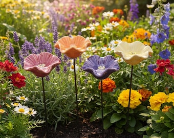 Ceramic Bee Feeder Garden Stakes Set, Flower Pollinator Water Cups for Bees & Butterflies, Outdoor Yard Garden Decor Gift