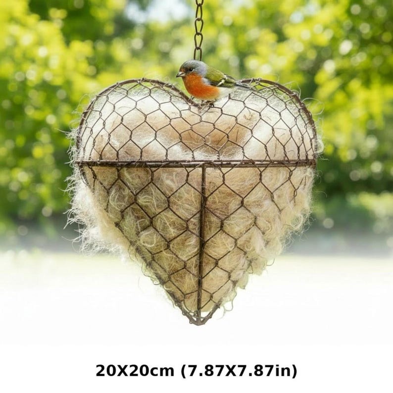 May include: Heart-shaped hanging planter made of wire mesh, filled with natural fibers. A small bird with orange, green, and gray feathers perches on top. The planter measures 7.87 x 7.87 inches.