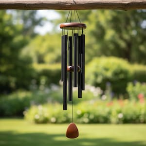 Peut inclure: Un carillon éolien noir avec un dessus et un battant en bois est suspendu à une branche brune. Le carillon comporte plusieurs tubes noirs suspendus au sommet, avec un battant en bois au milieu et une pièce en bois en forme de goutte d'eau en bas.