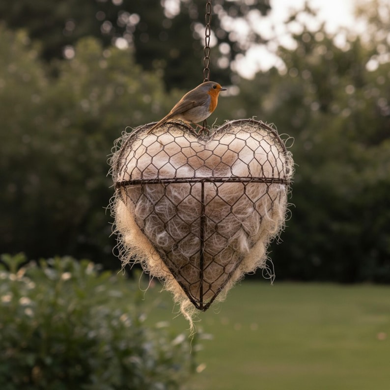 May include: A heart-shaped bird feeder made of wire mesh and filled with a light-colored nesting material. A small bird with orange and brown feathers perches on top of the feeder, which hangs from a chain. The background is a blurred view of green foliage.