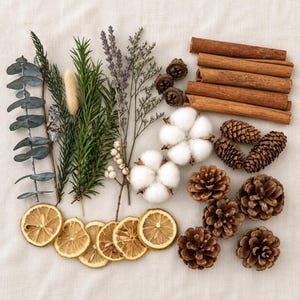 May include: A collection of natural decorative elements including dried eucalyptus, rosemary, lavender, cotton bolls, cinnamon sticks, pinecones, and dried lemon slices arranged together. These botanical items feature varied textures and earthy tones.