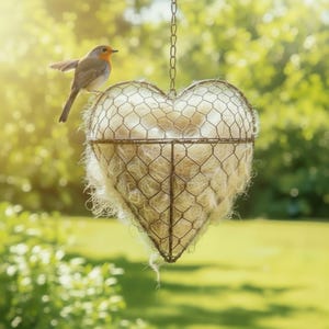 May include: A heart-shaped hanging bird feeder made of wire mesh and filled with natural fibers. A small bird with orange and brown feathers perches on the feeder, with its wing slightly outstretched. The feeder hangs from a chain against a blurred green background.
