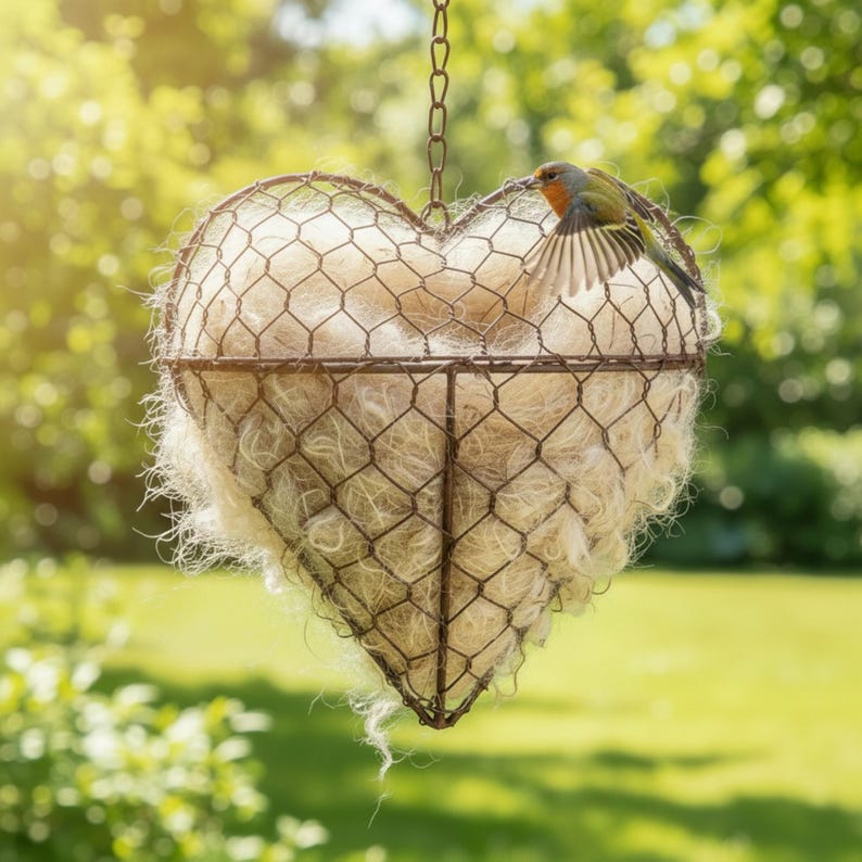 May include: A heart-shaped hanging bird feeder made of wire mesh, filled with light-colored nesting material. A small bird with orange and green feathers is perched on the edge, with its wings spread. The feeder hangs from a chain against a blurred green background.