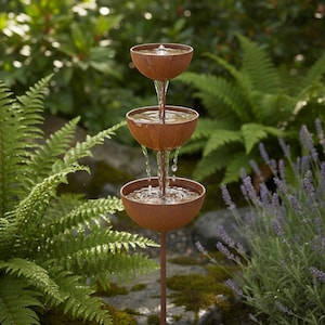 May include: A tiered outdoor water fountain with three rust-colored bowls. Water flows from the top bowl, cascading down to the lower bowls. The fountain is set in a garden with green foliage and lavender plants.