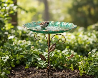 Estaca de metal para bebedero de pájaros con cuenco verde, comedero de hierro para pájaros de exterior, decoración vintage para jardín, patio y césped.