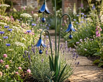 Rustic Metal Bell Flower Garden Stakes, Blue Wind Chime Yard Art, Outdoor Garden Decor for Lawn Patio Flower Beds Gift