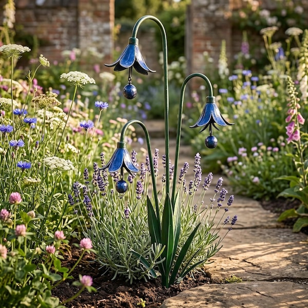 Rustic Metal Bell Flower Garden Stakes, Blue Wind Chime Yard Art, Outdoor Garden Decor for Lawn Patio Flower Beds Gift