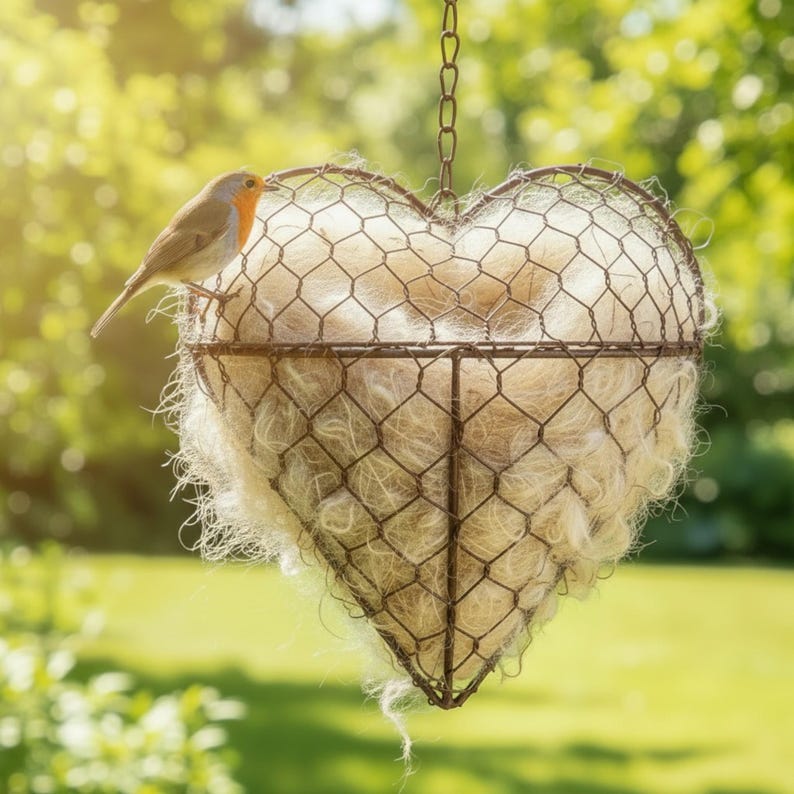 May include: A heart-shaped hanging wire basket filled with light-colored fibers, possibly for nesting. A small bird with orange and brown feathers perches on the edge. The basket hangs from a chain against a blurred green background.