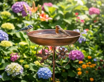 Metal Bird Bath Garden Feeder, Outdoor Standing Bird Bath Bowl with Hummingbird, Rustic Patio Yard Water Feeder Decorative Garden Ornament