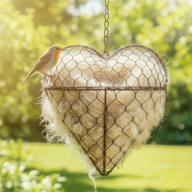 May include: A heart-shaped bird feeder made of wire mesh, filled with nesting material, and suspended by a chain. A small bird with orange and brown feathers perches on the edge. The background is a blurred green with sunlight.