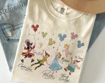 Retro Peter Pan Signatures Balloon Shirt, Never Grow Up Tee, Vintage Disney Castle Magic Kingdom, Disneyland Family Trip Vacation Gift