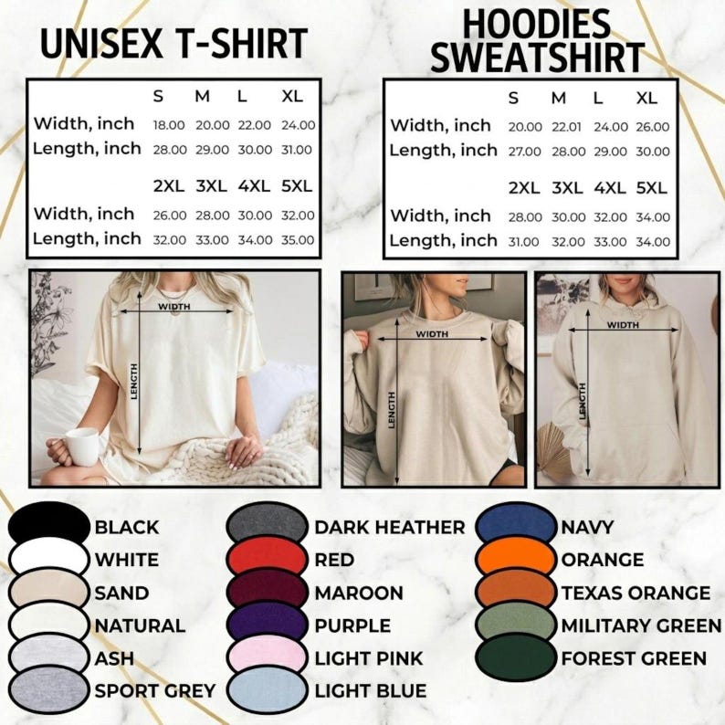May include: Image showcasing a unisex t-shirt and hoodie sweatshirt with size charts. The t-shirt measurements are in inches, with colors including black, white, sand, natural, ash, and sport grey. The hoodies come in dark heather, red, maroon, purple, light pink, and light blue.