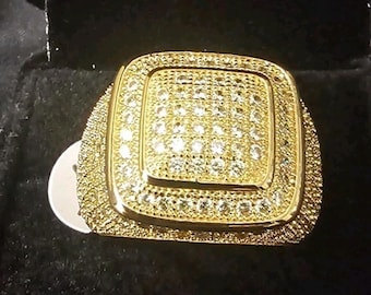 Gold Plated steel Men's Ring- SIZE 7 Square w/ prong set Cubic Zirconia stones
