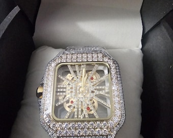 Moissanite VVS Skeleton Iced Out Baller Square Steel Watch passes diamond tester