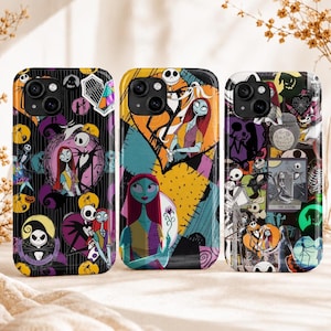 May include: Three smartphone cases featuring The Nightmare Before Christmas characters. The left case has a black background with character patterns. The middle case shows Sally and Jack Skellington. The right case displays a collage of movie scenes.