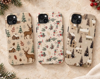Winter Christmas Phone Case, Cottagecore Aesthetic Phone Cover, Holiday Deer Cabin Snowman Floral Pattern for iPhone Samsung