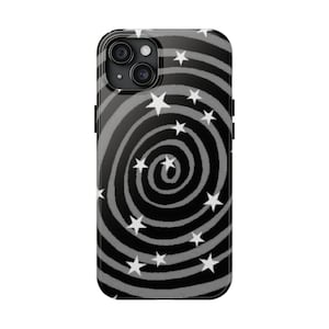 May include: A rectangular smartphone case featuring a black and grey spiral pattern across the entire surface. The design is accented with multiple white five-pointed stars scattered throughout the swirling lines. The camera lens cutout is visible.