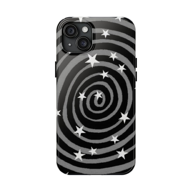 May include: A rectangular smartphone case featuring a black and grey spiral pattern across the entire surface. The design is accented with multiple white five-pointed stars scattered throughout the swirling lines. The camera lens cutout is visible.