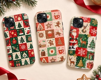 Christmas Phone Case, Festive Retro Holiday Pattern Cover, Santa Reindeer Gingerbread Nutcracker iPhone Case, Cute Winter Xmas Gift